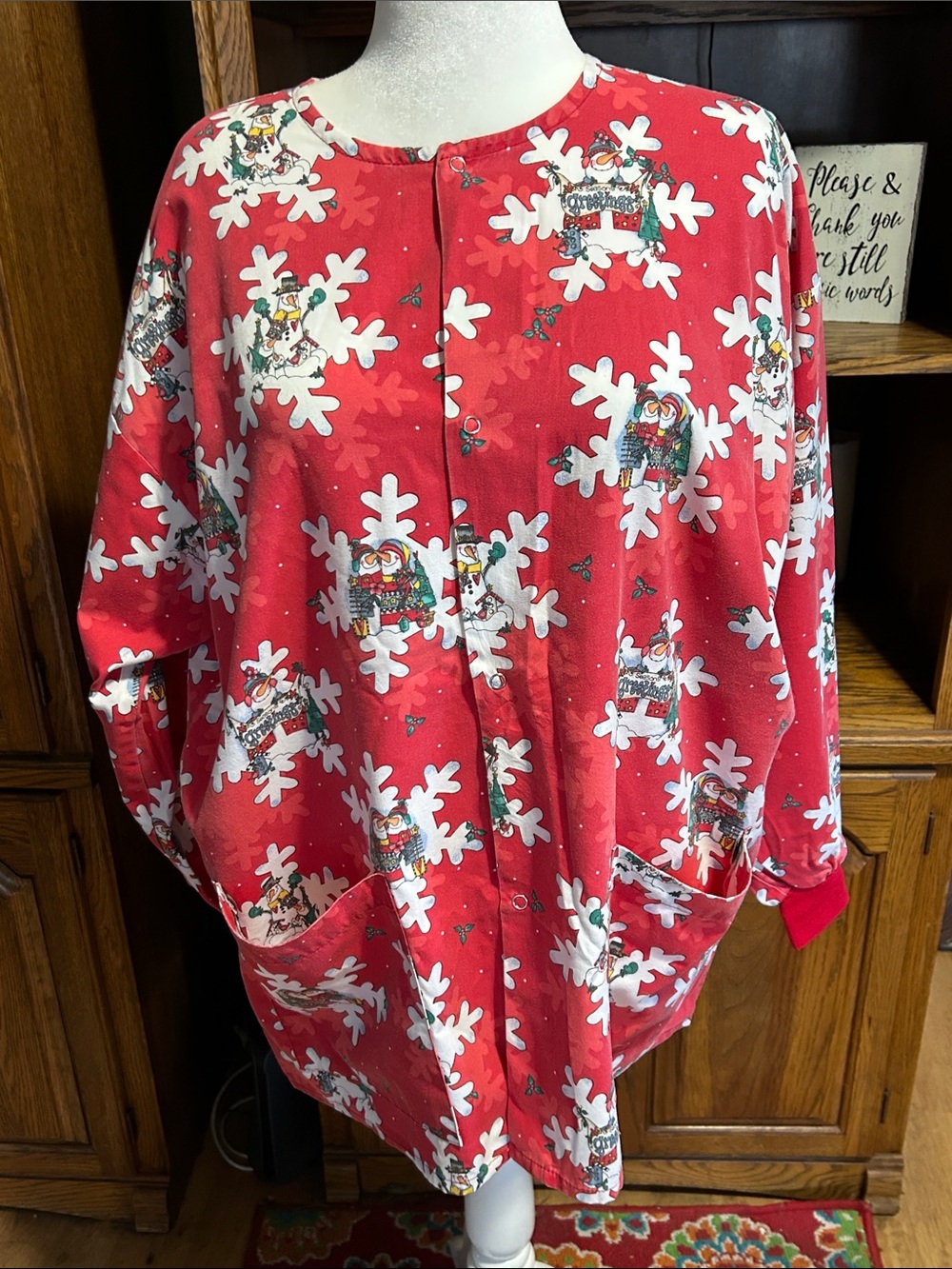 Vintage Handmade Red Holiday Snowflake Button-Up Medical Scrub Top Size 2X EUC